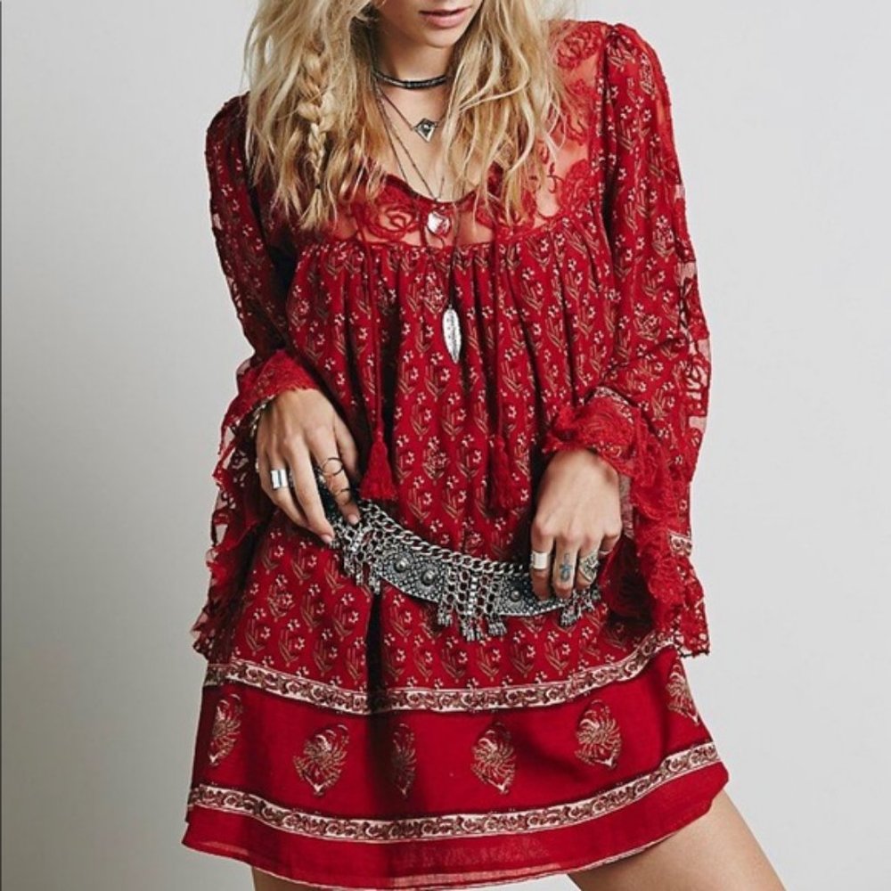 Free People | Nomad Child Red Floral Lace Dress